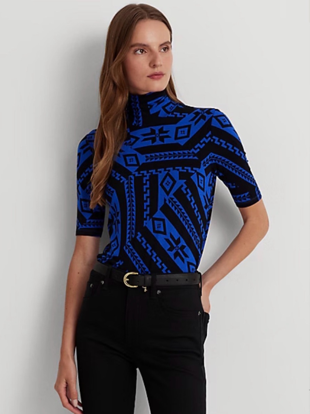 Lauren Ralph Lauren Fair Isle Turtleneck Blue Black Stretch Top L NWOT